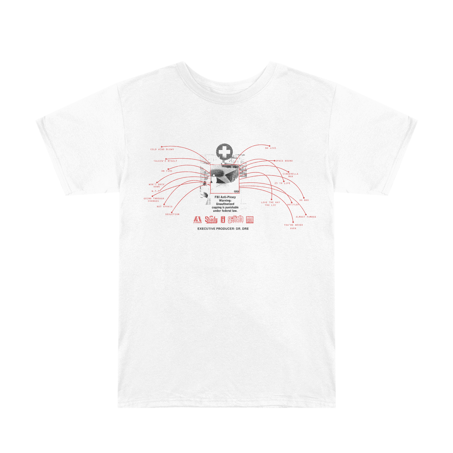 White Eminem Recovery 15th Anniversary Tracklist T-shirt flat lay with red line print