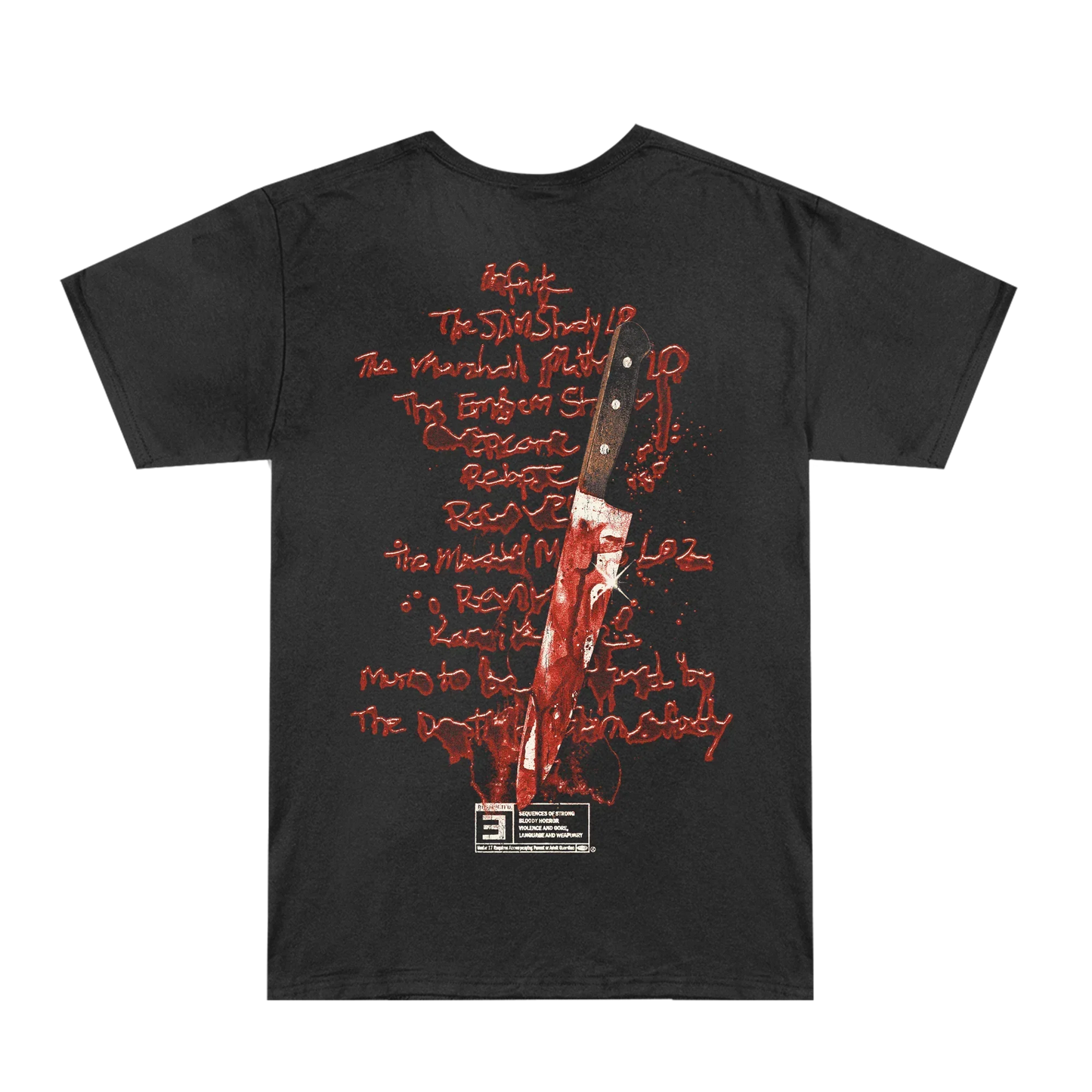 Back view of the black Eminem Body Count T-shirt with the red handwritten body-count track list