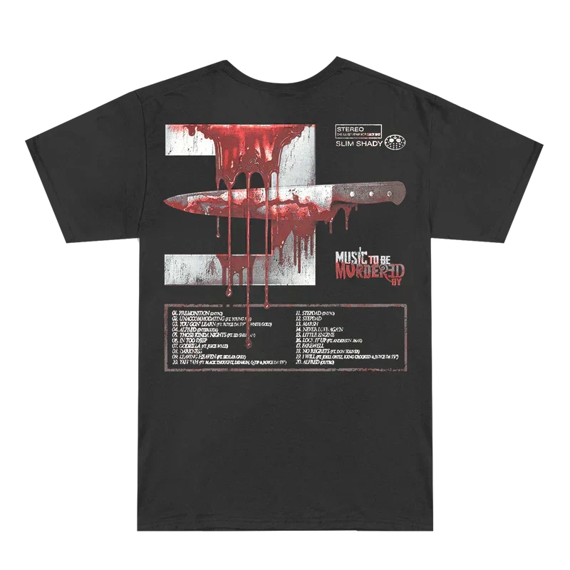 Back of the black Eminem MTBMB anniversary T-shirt with red dripping track list artwork