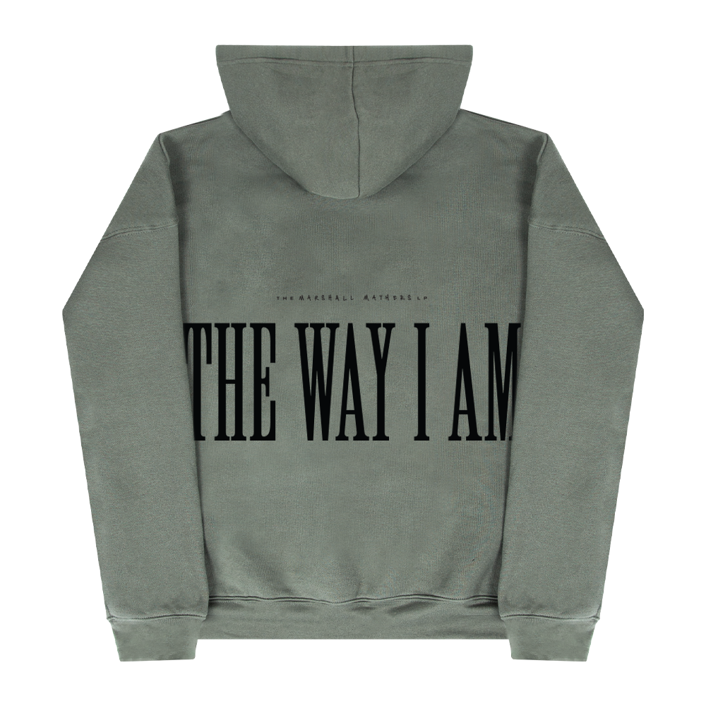 Back of the sage green Eminem The Way I Am hoodie flat with The Way I Am lettering