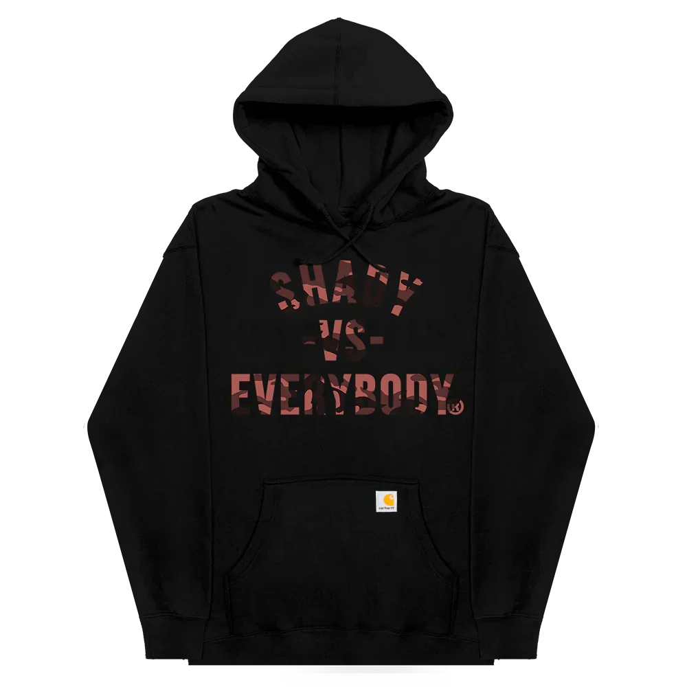 Black Eminem Shady Vs Everybody hoodie flat lay with red distressed chest lettering