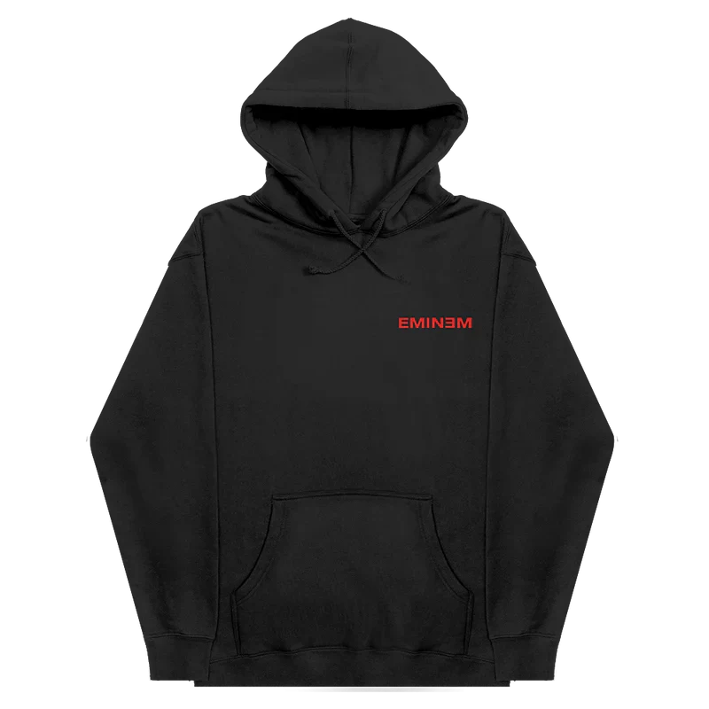 Front of the black Eminem Powerline hoodie with small red Recovery chest print