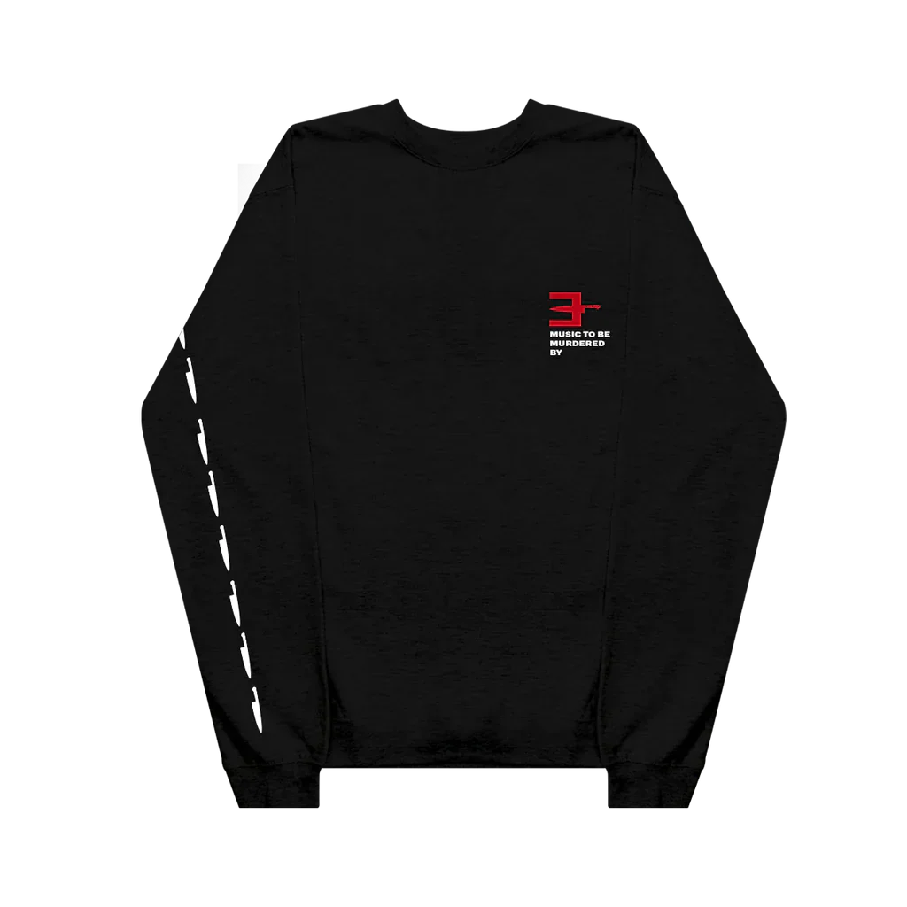 Black Eminem MTBMB Knife sweatshirt with red E logo and dashed white sleeve print