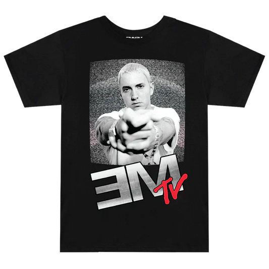 Black Eminem EM TV Photo Logo T-shirt flat lay, halftone portrait above the red EM TV logo