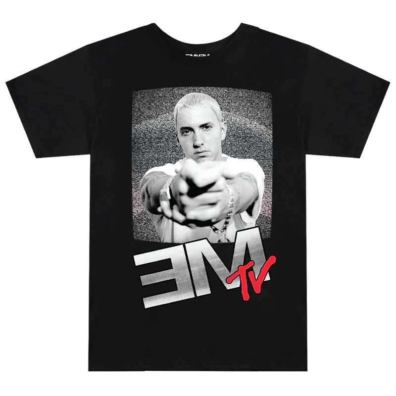 Black Eminem EM TV Photo Logo T-shirt flat lay, halftone portrait above the red EM TV logo