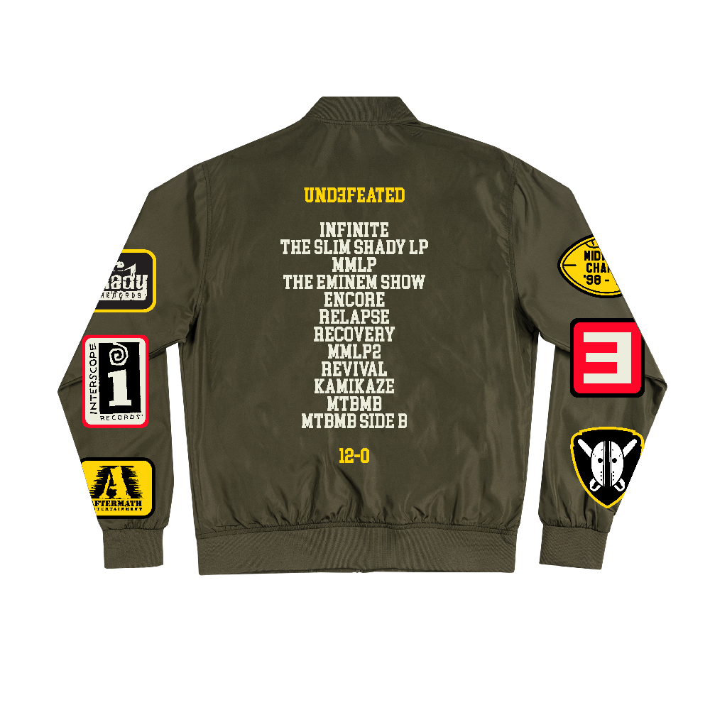 Back of the olive Eminem Shady Football bomber jacket with the Undefeated album list