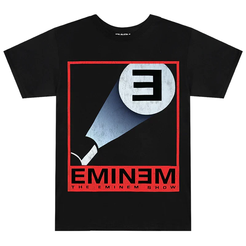 Black Eminem E Spotlight T-shirt flat lay, spotlight beam on the E logo above a distressed Eminem logo