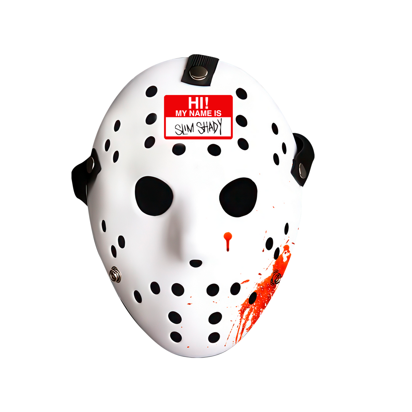 White Eminem Hi! My Name Is hockey mask with red Slim Shady name tag and blood detail