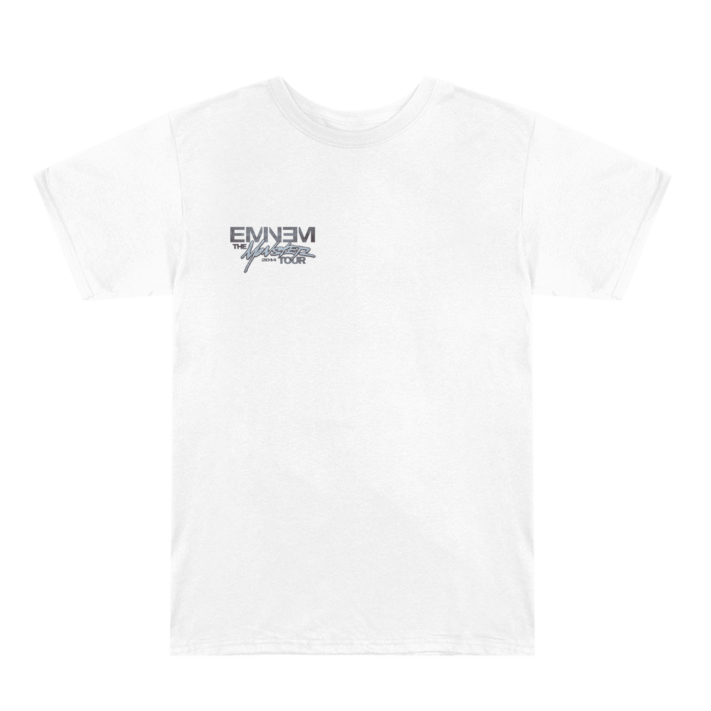 Front of the white Eminem MMLP2 Monster Tour T-shirt with small chest logo