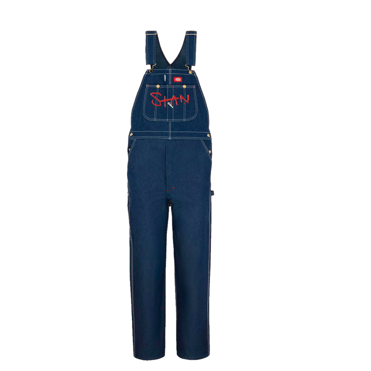Eminem Stan denim overalls flat lay showing the red Stan graffiti bib print