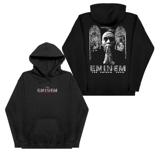 Black Eminem Show Stained Glass hoodie front and back flat lay with arched window art