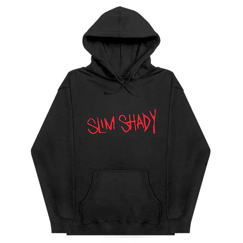 Black Eminem Slim Shady hoodie laid flat with the red graffiti chest print