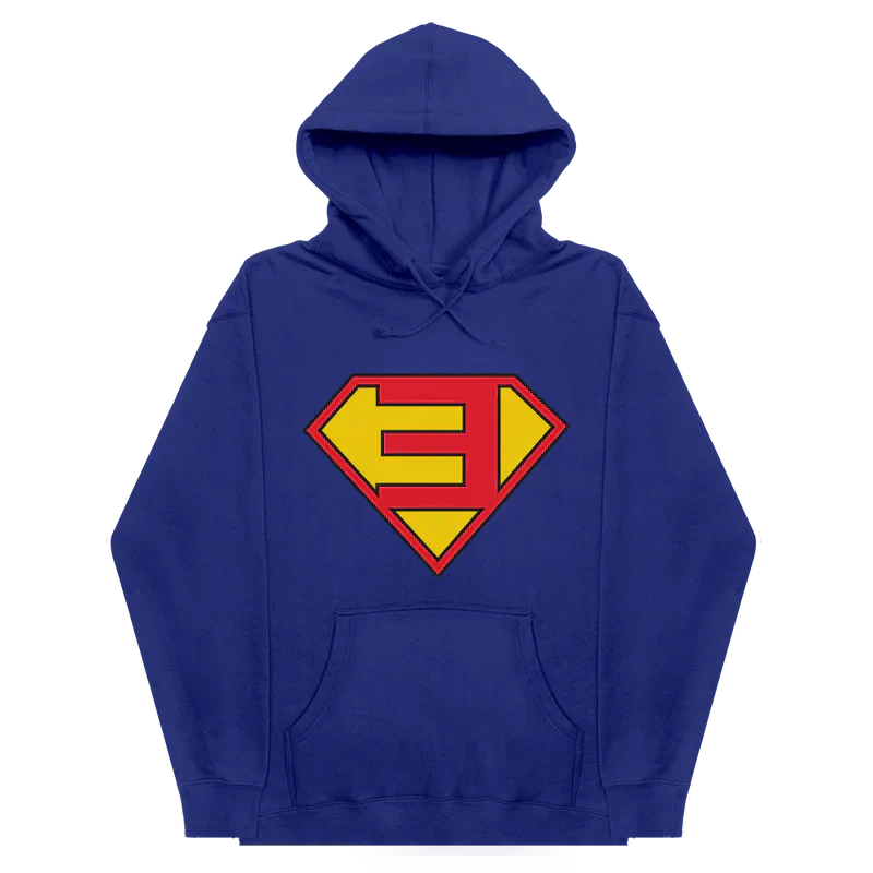 Royal blue Eminem Super-E logo hoodie laid flat with red and yellow shield chest print