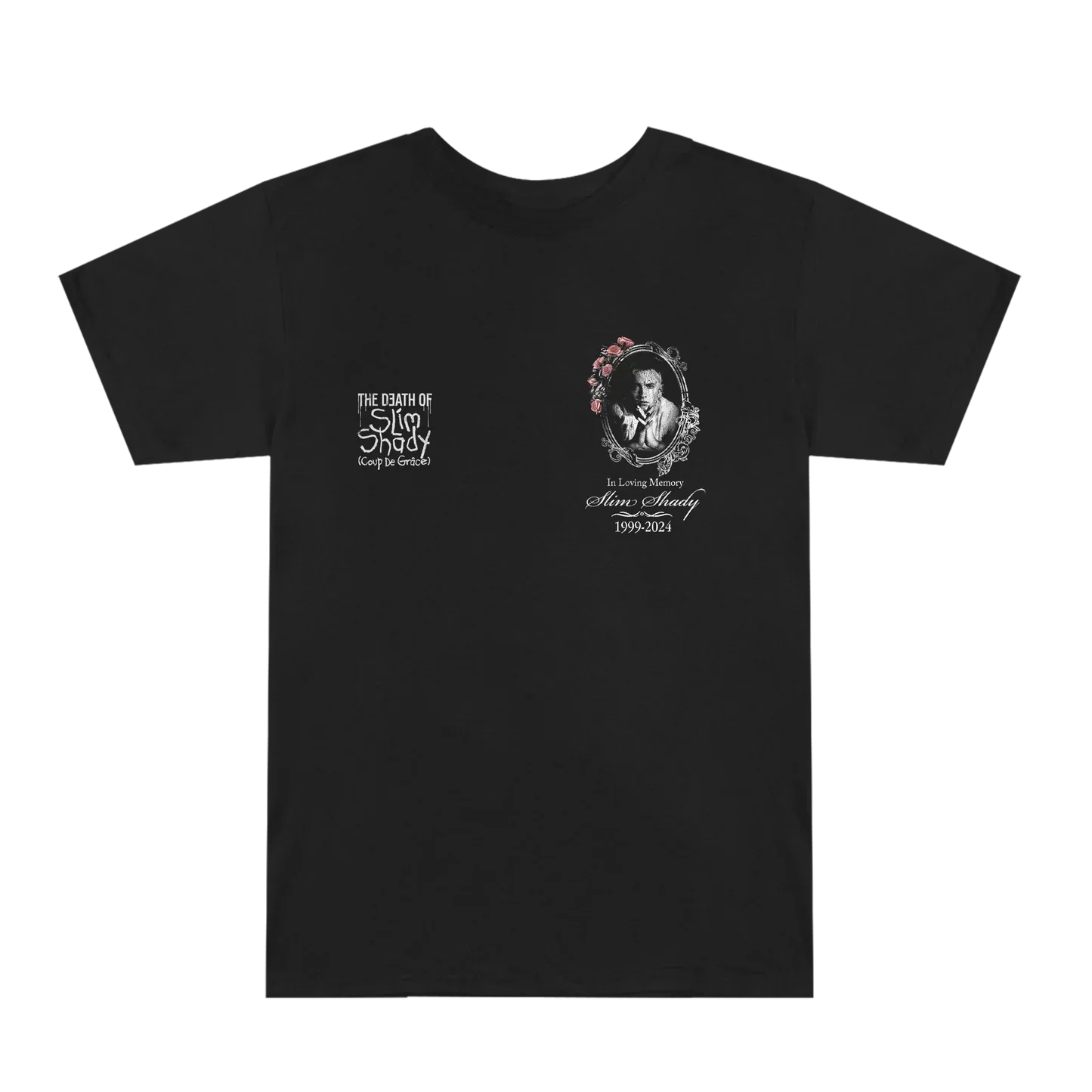 Front of the black Eminem TDOSS In Loving Memory T-shirt with small portrait prints