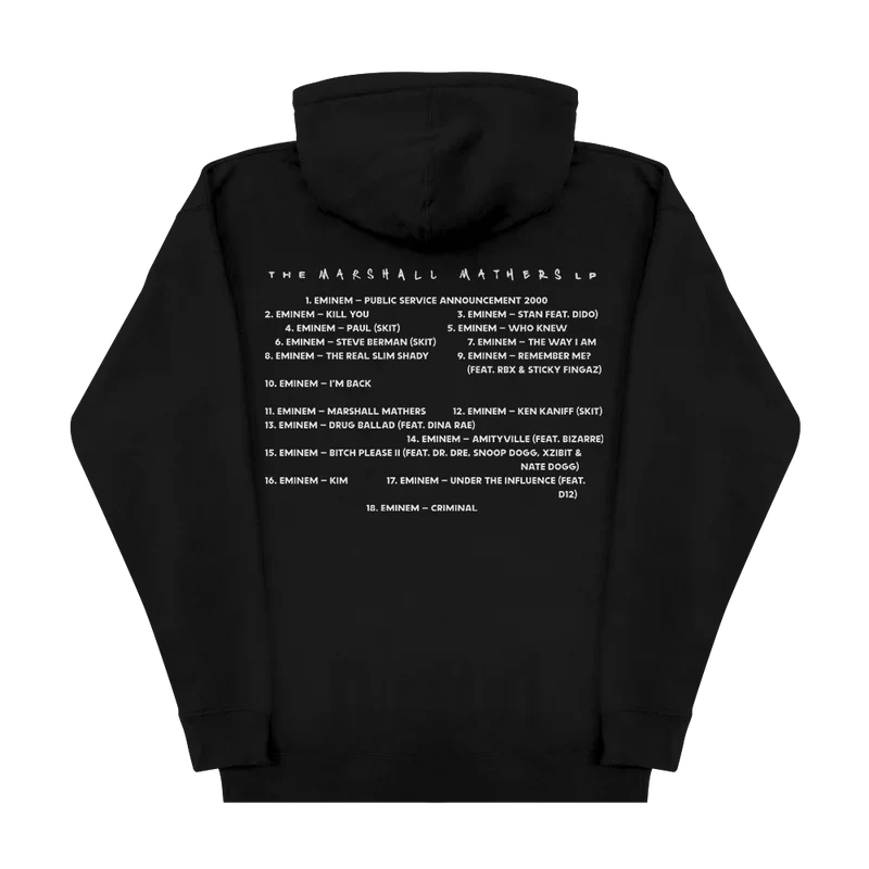 Back of the black Eminem MMLP25 hoodie with the full Marshall Mathers LP track list