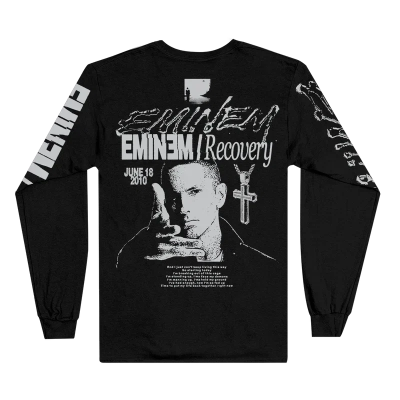 Back of the black Eminem Recovery long sleeve with portrait and cross artwork