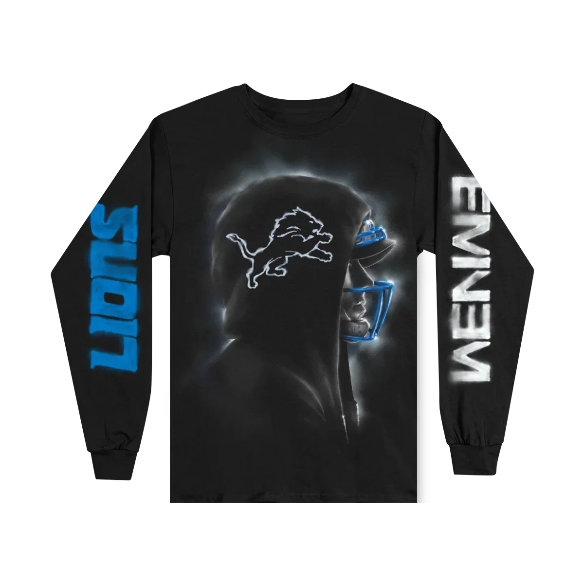 Eminem x Detroit Lions Silhouette long sleeve flat lay with glowing Lions logo and sleeve prints