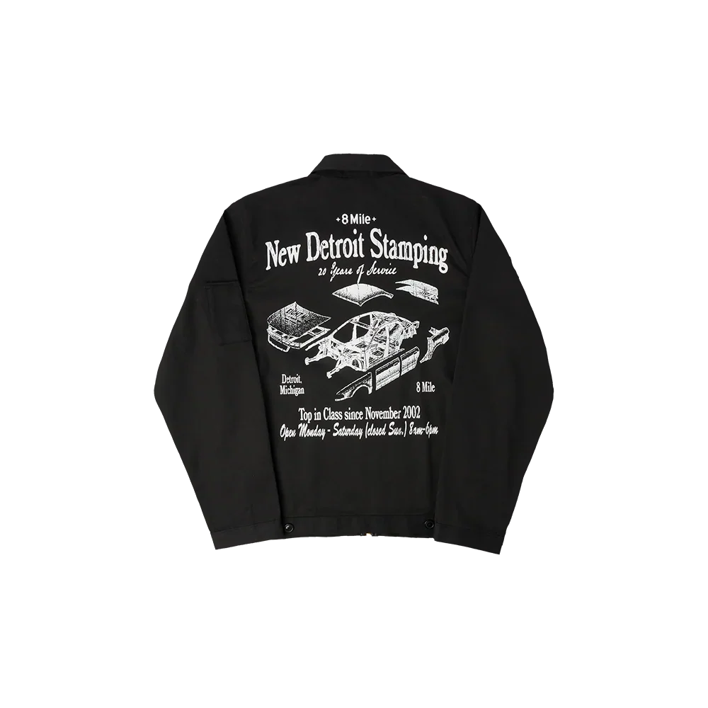 Back view of the black Eminem 8 Mile New Detroit Stamping Dickies jacket with car-frame line art