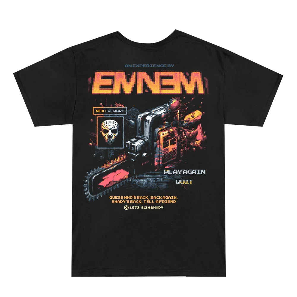 Back of the black Eminem Shady Gaming Chainsaw T-shirt with chainsaw and controller art