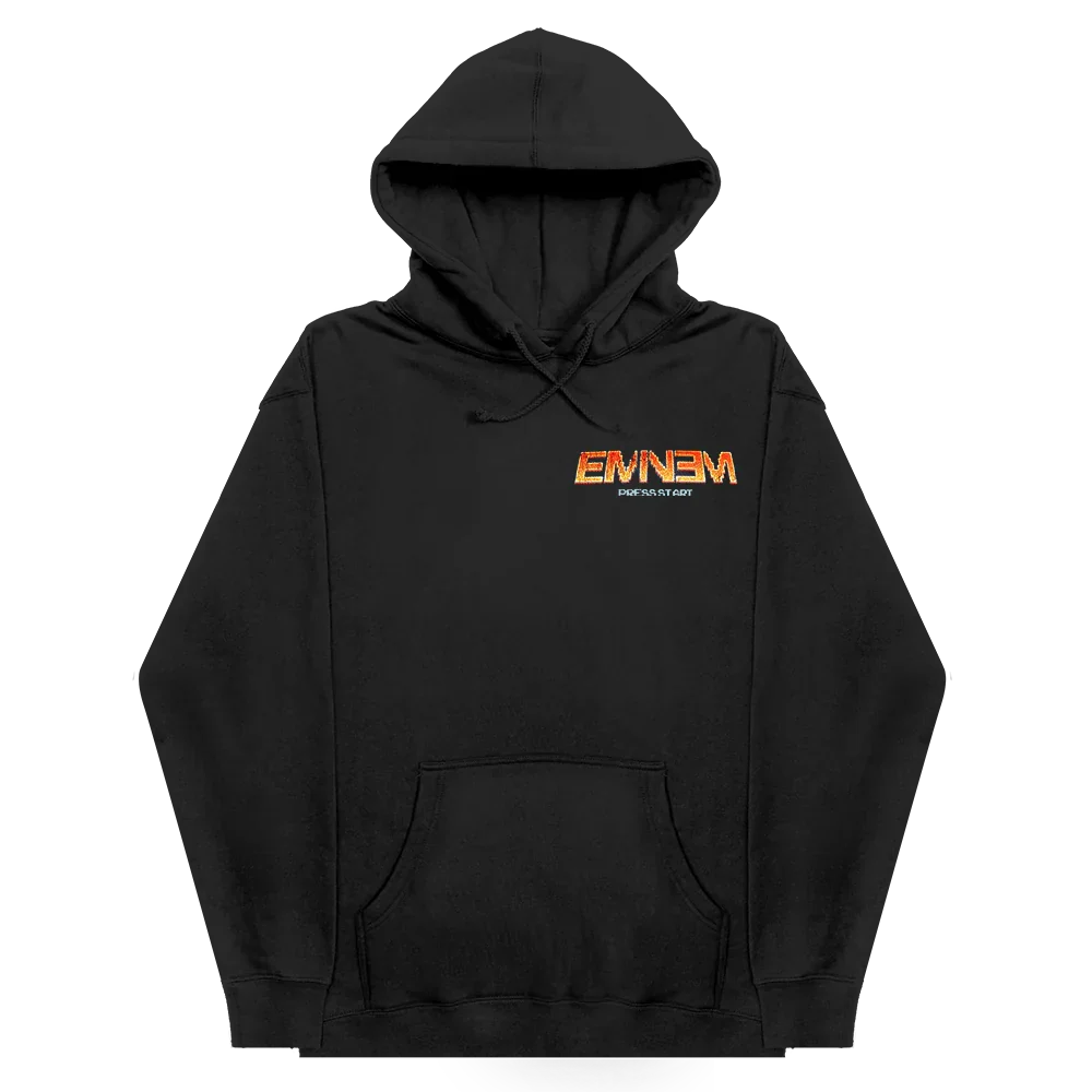Front of the black Eminem Shady Gaming TV hoodie with orange Eminem chest logo