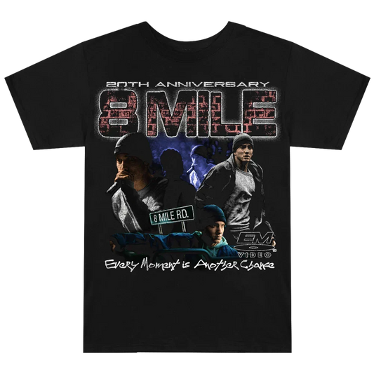 Black Eminem 8 Mile 20th Anniversary T-shirt flat lay, vintage bootleg-style photo collage print