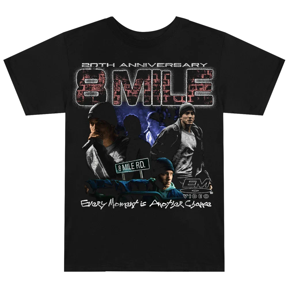 Black Eminem 8 Mile 20th Anniversary T-shirt flat lay, vintage bootleg-style photo collage print
