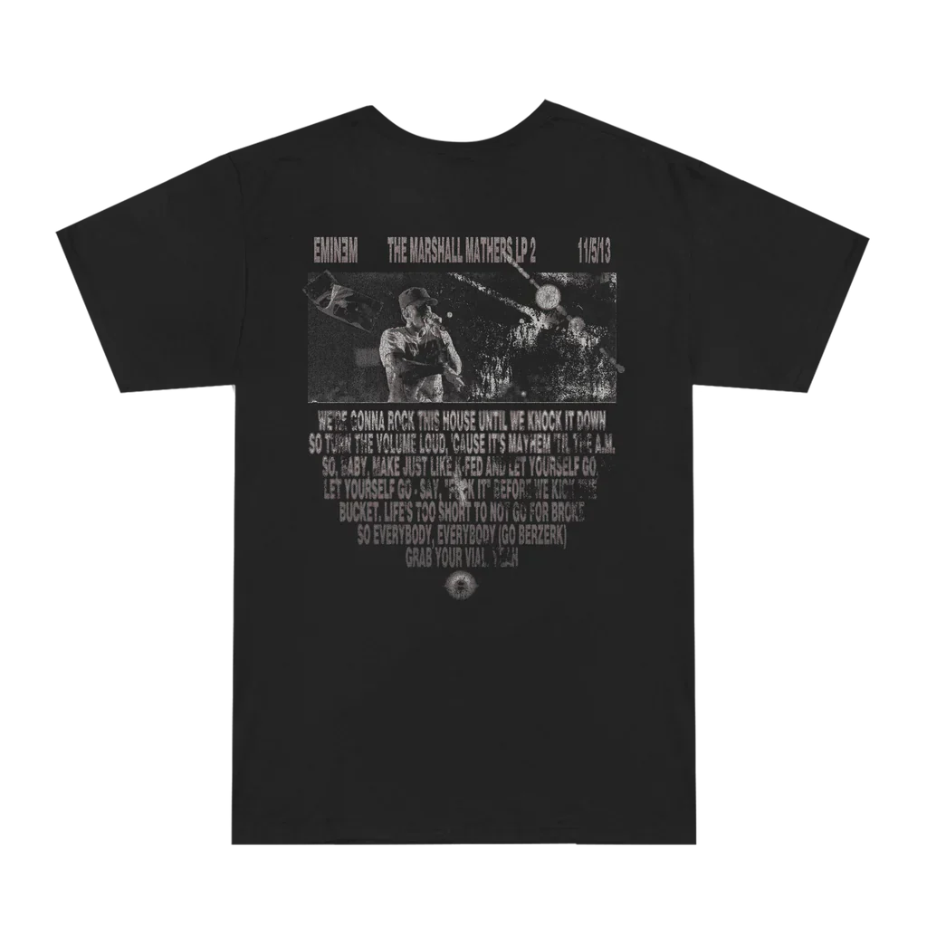Back view of the black Eminem Berzerk T-shirt showing the full Marshall Mathers LP 2 lyric block
