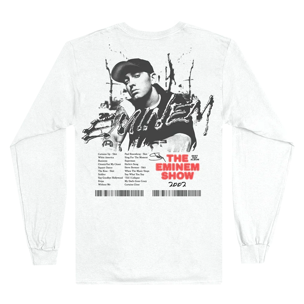 Back of the white Eminem Show long sleeve with portrait collage and track list