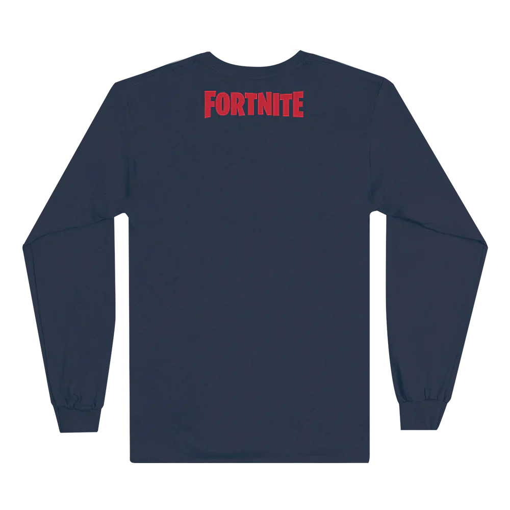 Back of the navy Eminem x Fortnite long sleeve shirt with red Fortnite logo print