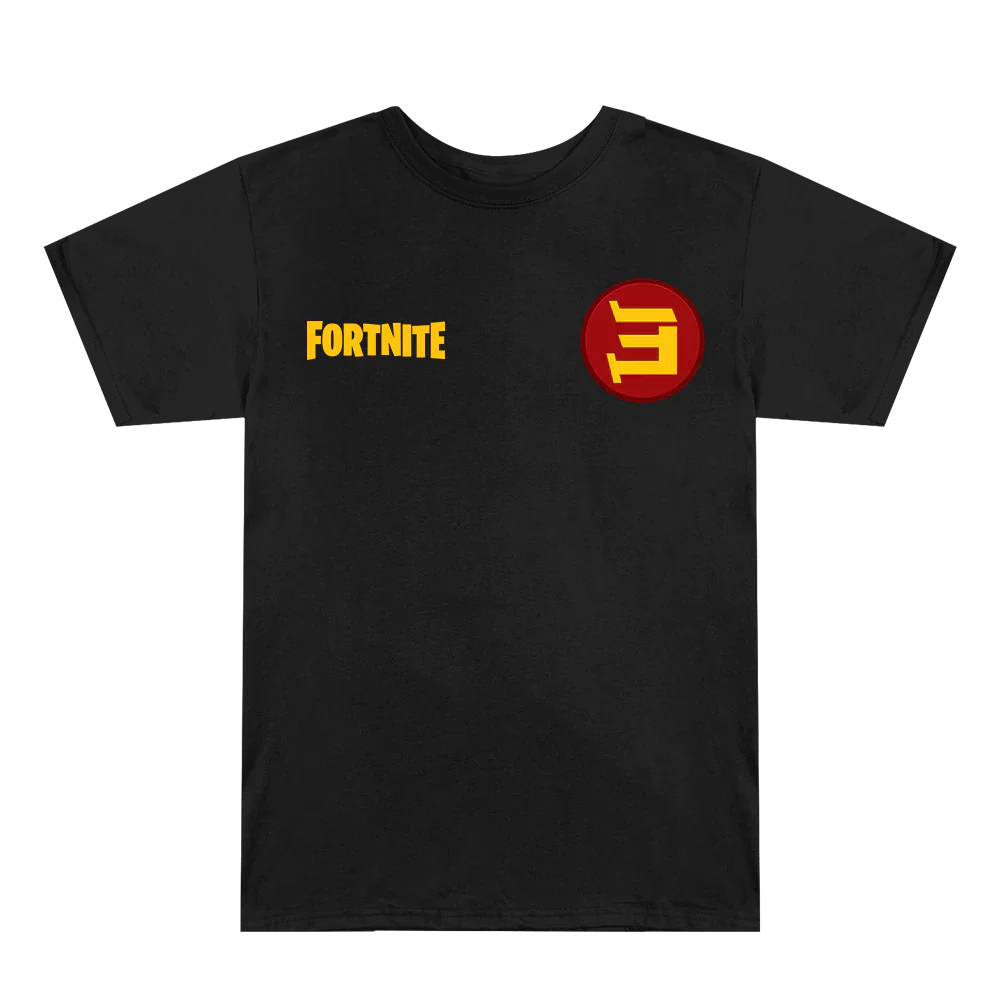 Black Eminem x Fortnite T-shirt flat lay with yellow Fortnite logo and red E chest prints