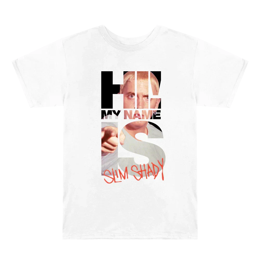 White Eminem My Name Is typography T-shirt flat lay with split photo and red script