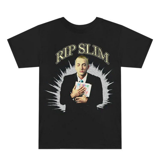 Black Eminem RIP Slim T-shirt flat lay with green RIP Slim lettering and portrait print