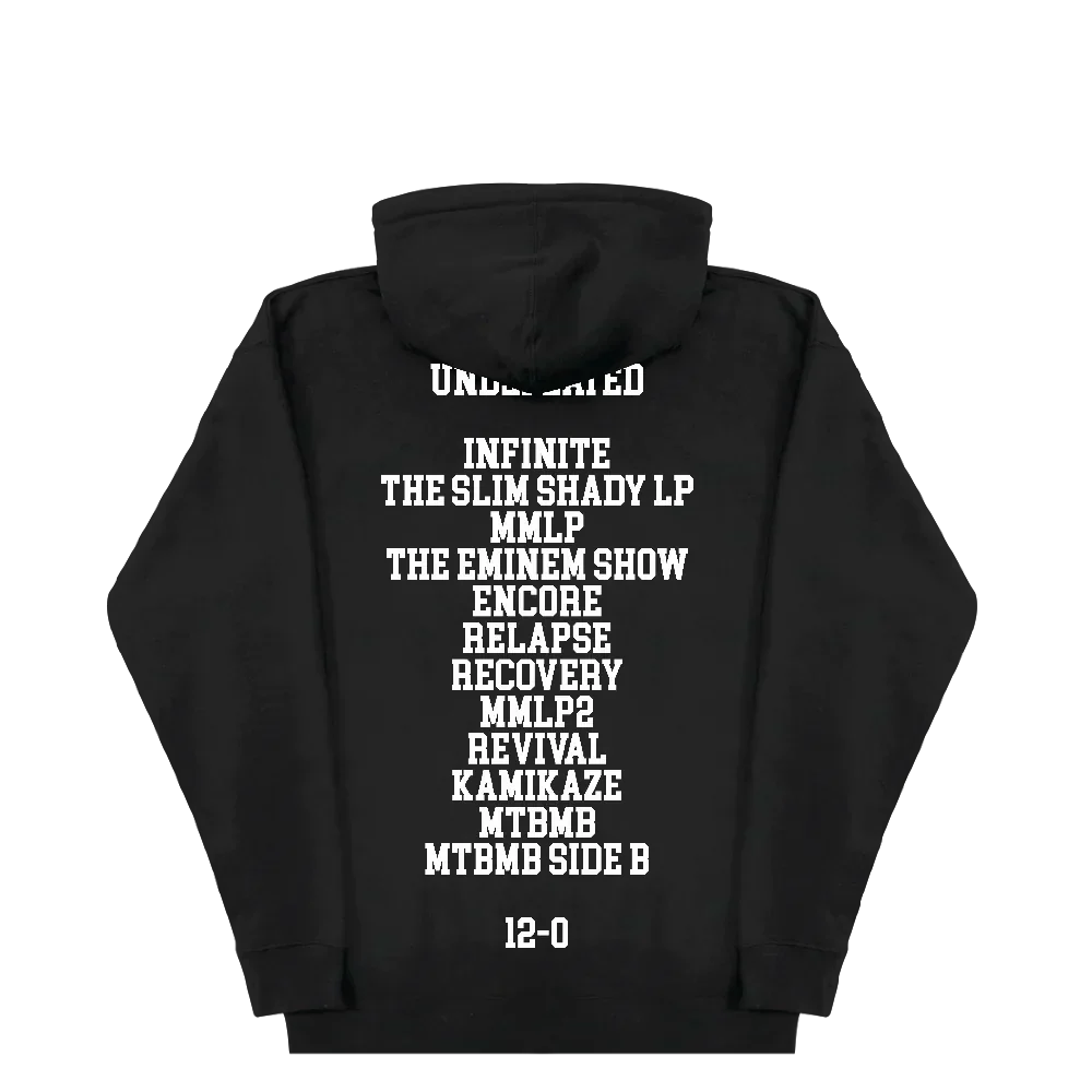 Back of the black Eminem Shady Football hoodie listing albums under Undefeated 12-0