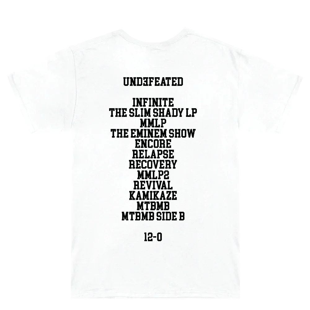 Back of the white Eminem Shady Football T-shirt with the Undefeated album discography