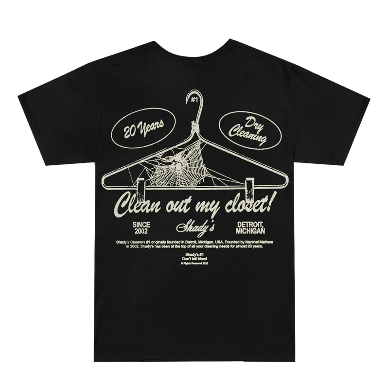Back of the black Eminem Shady Cleaners T-shirt with Clean Out My Closet hanger print