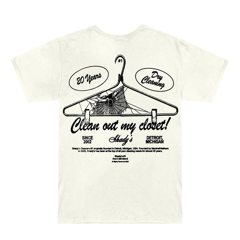 Back of the cream Eminem Shady Cleaners T-shirt with Clean Out My Closet hanger artwork