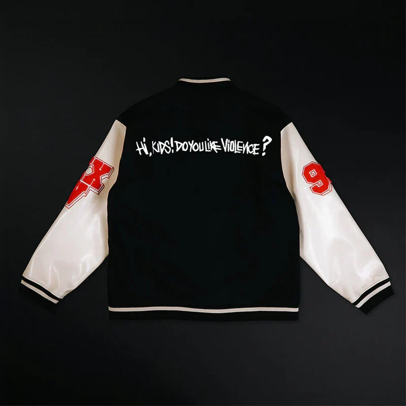 Back of the Eminem SSLP25 varsity jacket with Hi Kids Do You Like Violence lettering