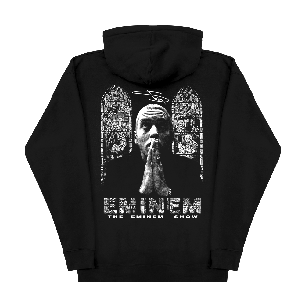 Back of the black Eminem Show Stained Glass hoodie with praying portrait window graphic