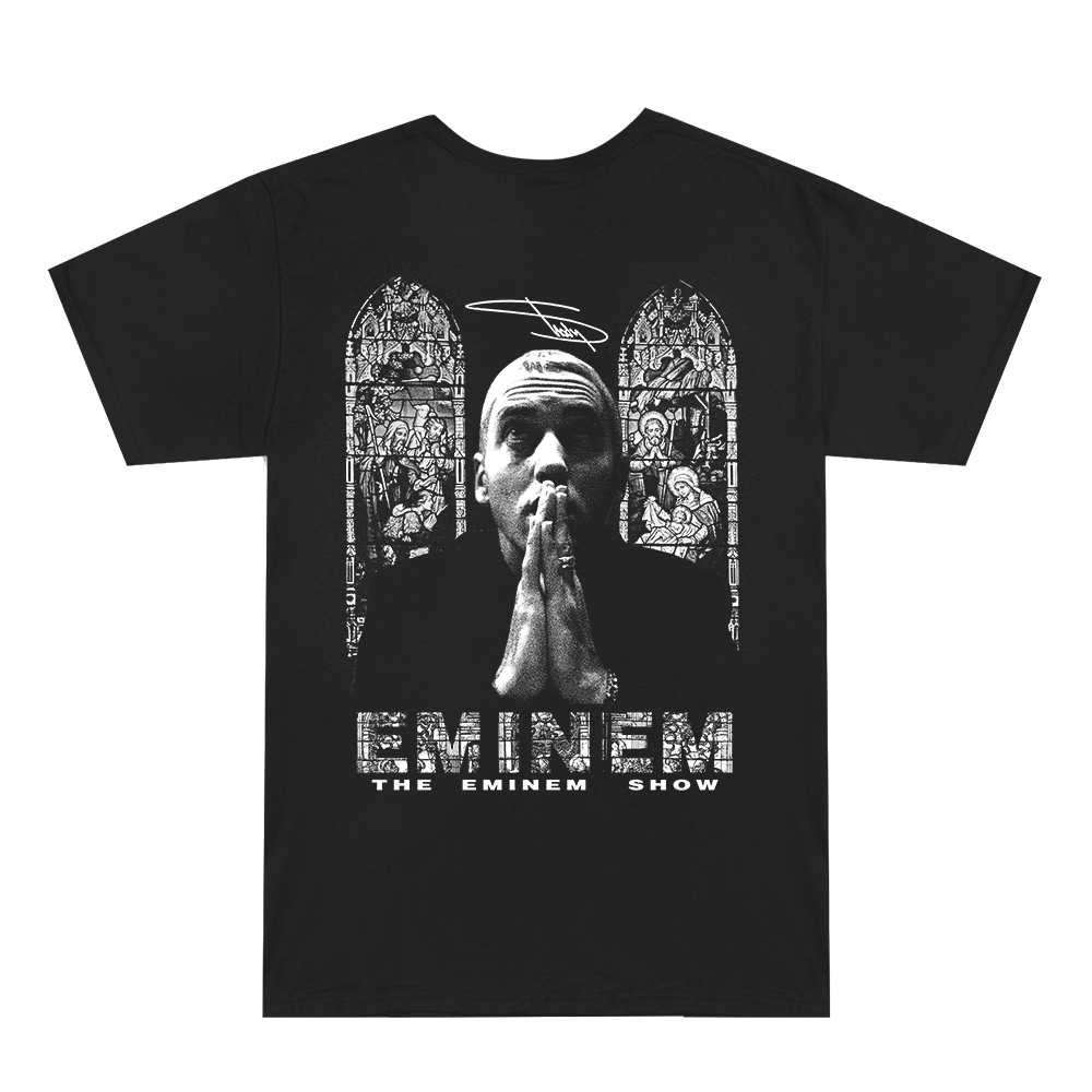 Back of the black Eminem Show Stained Glass T-shirt with arched praying portrait print