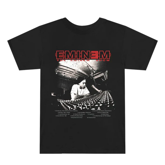 Black Eminem Show 20th Anniversary Studio T-shirt flat lay with mixing desk photo print