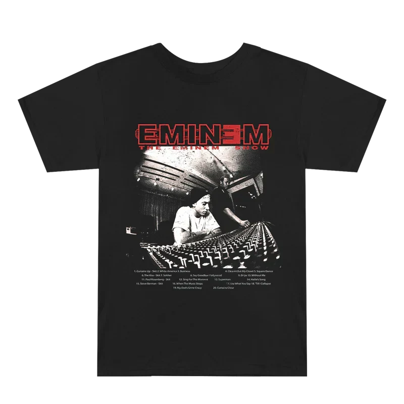 Black Eminem Show 20th Anniversary Studio T-shirt flat lay with mixing desk photo print