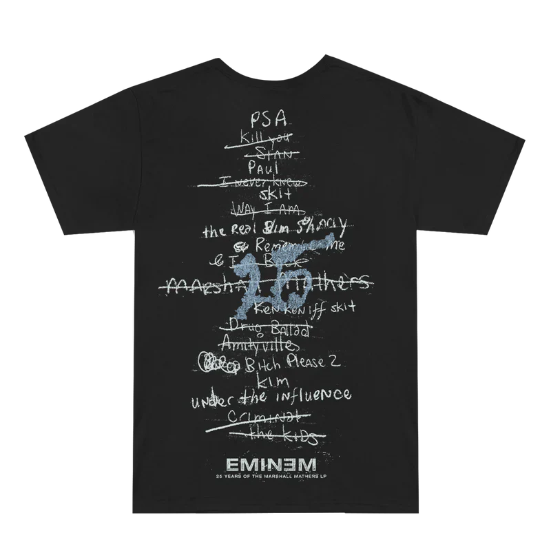 Back of the black Eminem MMLP25 Tracklist T-shirt with handwritten Marshall Mathers LP list