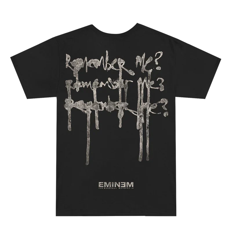 Back of the black Eminem MMLP25 Remember Me T-shirt with dripping Remember Me script