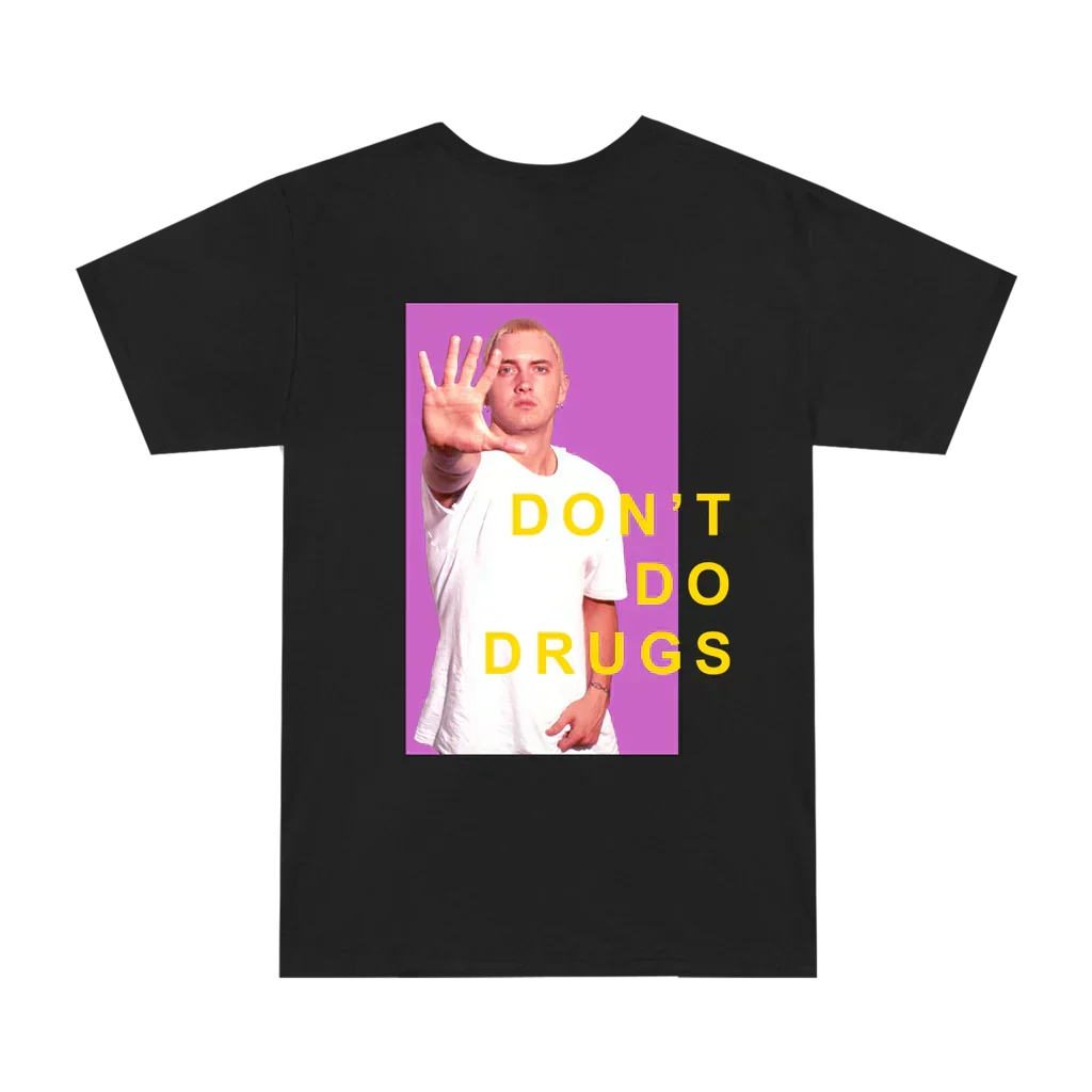 Back of the black Eminem PSA T-shirt with the purple Don't Do Drugs photo panel