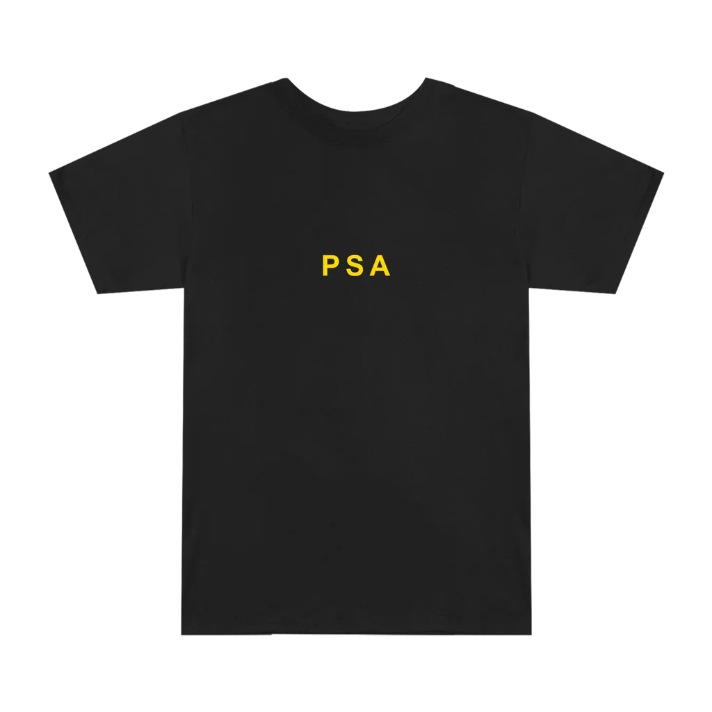 Front of the black Eminem PSA T-shirt with small yellow PSA chest print