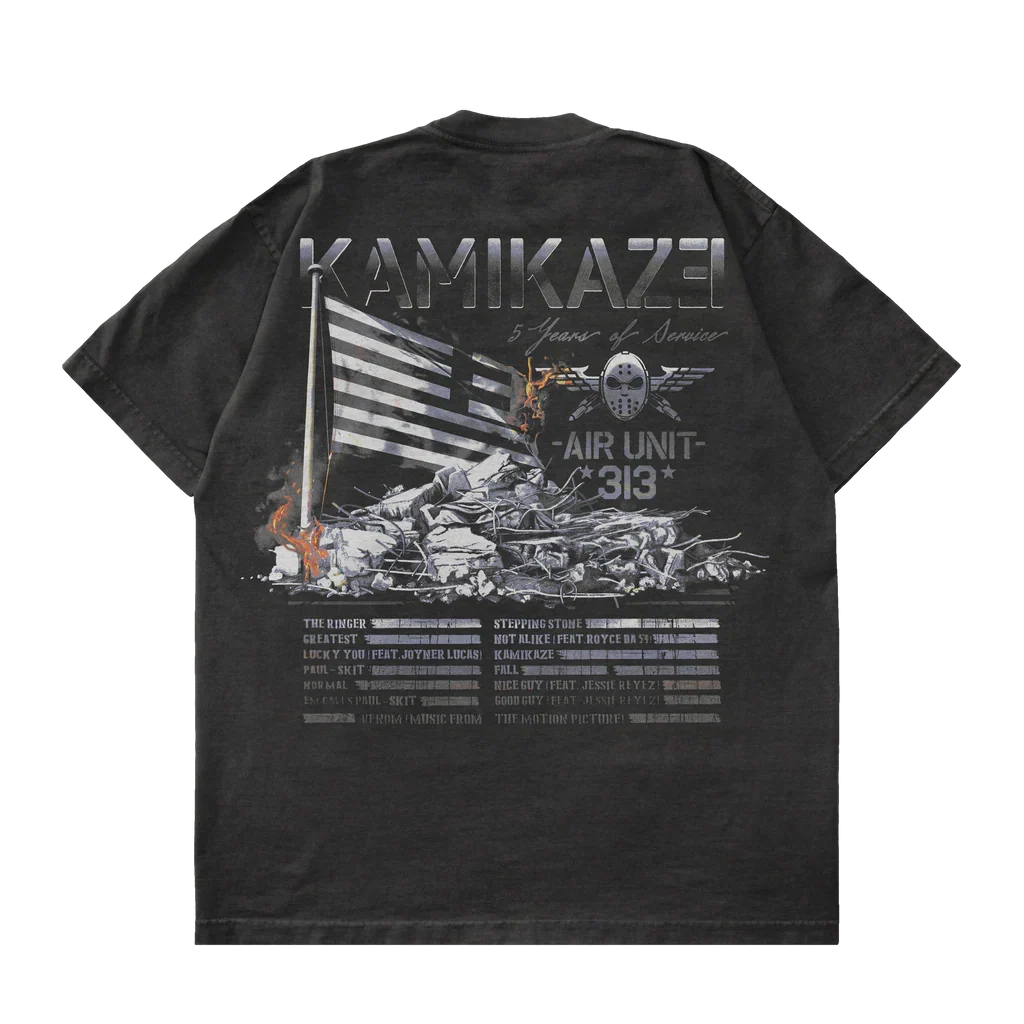 Back of the washed black Eminem Kamikaze Flag T-shirt with Air Unit 313 flag graphic