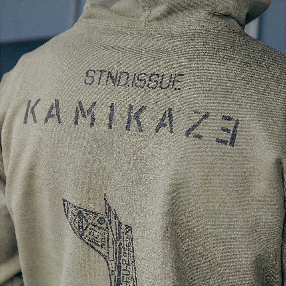 Back print detail: Stnd. Issue Kamikaze with bomb artwork on the Eminem hoodie