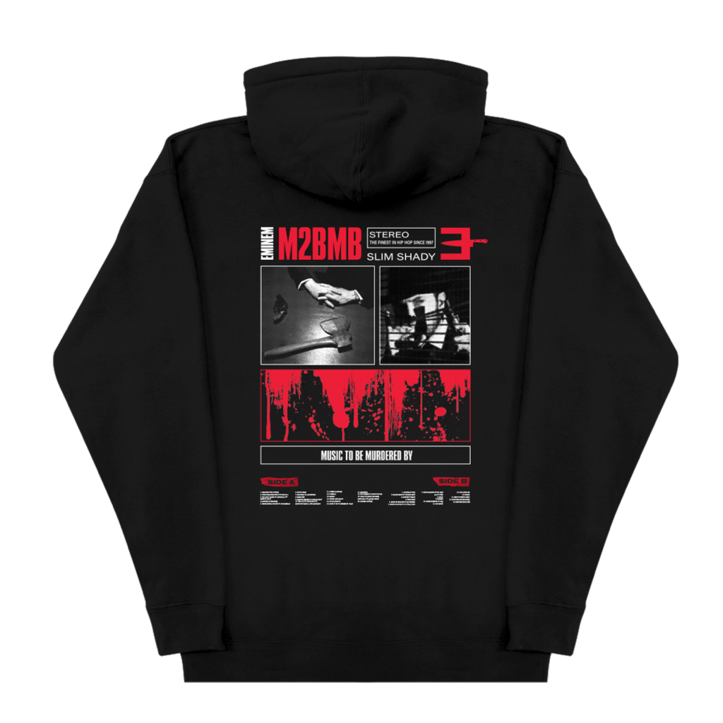 Back of the black Eminem MTBMB hoodie with red and black album art panel