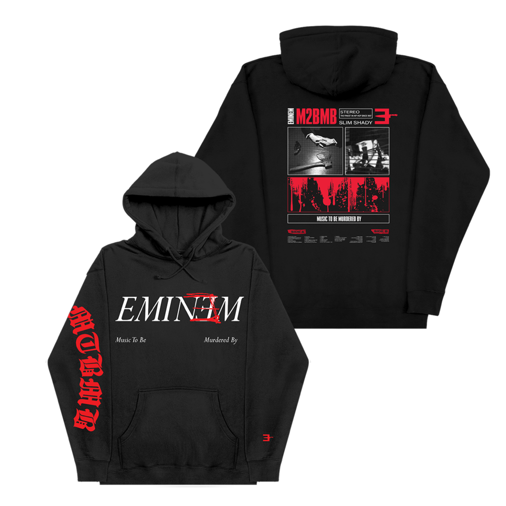 Black Eminem MTBMB Album Art hoodie front and back flat lay with red album artwork