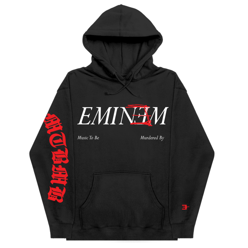 Front of the black Eminem Music To Be Murdered By hoodie with white logo and red sleeve print